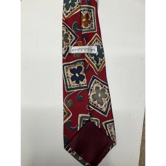 𝅺givenchy Monsieur Silk Tie Dark Red Blue Green Floral Made in USA - Picture 5 of 5